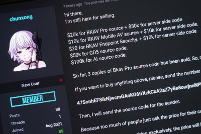 Hacker thông báo đã bán mã nguồn phần mềm diệt virus BKAV Pro.