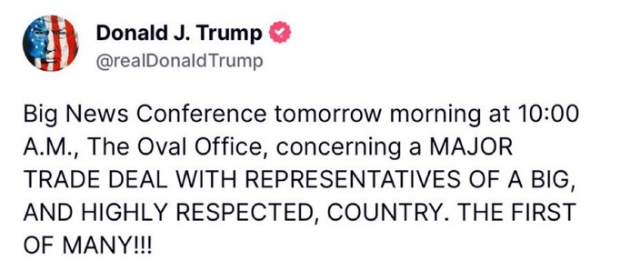 Thông báo của ông Trump về thỏa thuận thương mại được cho là với Anh. Ảnh: X. Thông báo của ông Trump về thỏa thuận thương mại được cho là với Anh. Ảnh: X.
