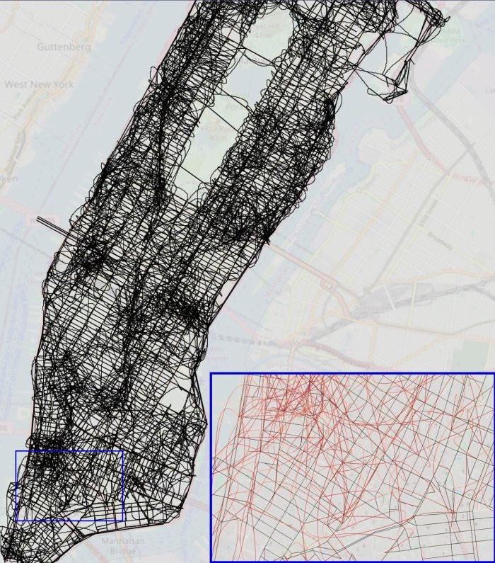 Bản đồ Manhattan mà AI bịa ra sau khi được đào tạo bằng hàng triệu chỉ dẫn đường đi chi tiết. Ảnh: Keyon Vafa, Justin Y. Chen, Ashesh Rambachan, Jon Kleinberg, Sendhil Mullainathan/WSJ. Bản đồ Manhattan mà AI bịa ra sau khi được đào tạo bằng hàng triệu chỉ dẫn đường đi chi tiết. Ảnh: Keyon Vafa, Justin Y. Chen, Ashesh Rambachan, Jon Kleinberg, Sendhil Mullainathan/WSJ.
